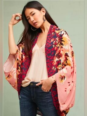 Anthropologie Mixed Floral Print Kimono 100% Cotton One Size Pink/Purple NIP$140